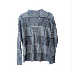 Eileen Fisher Tencel Silk Cotton Checked Gray Mock Neck Sweater Size Medium